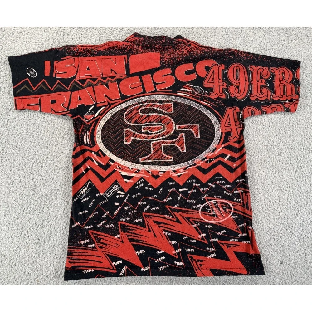 Vintage 90s San Francisco 49ers Magic Johnson T-Shirt Mens XL Black Red AOP Logo